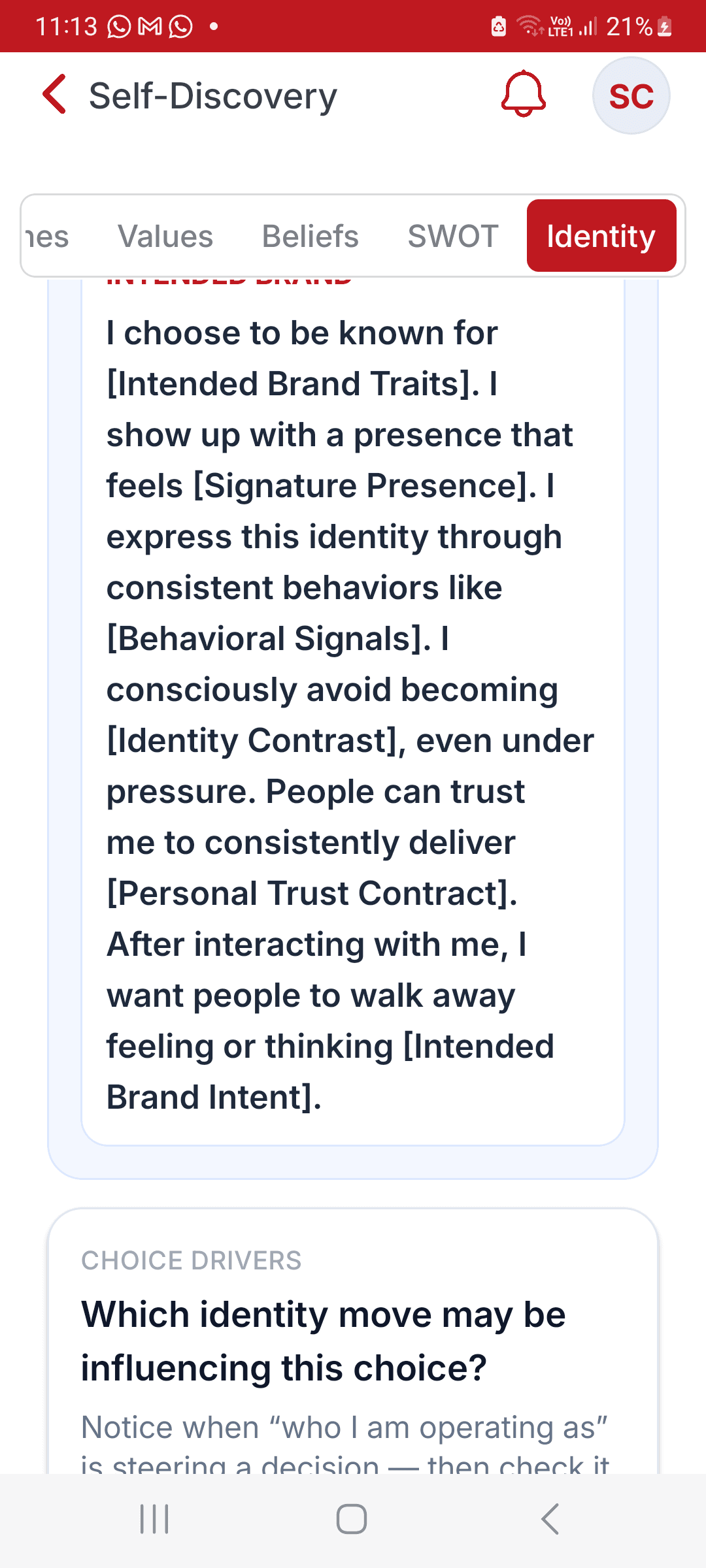 Identity screen in the Live Aware app