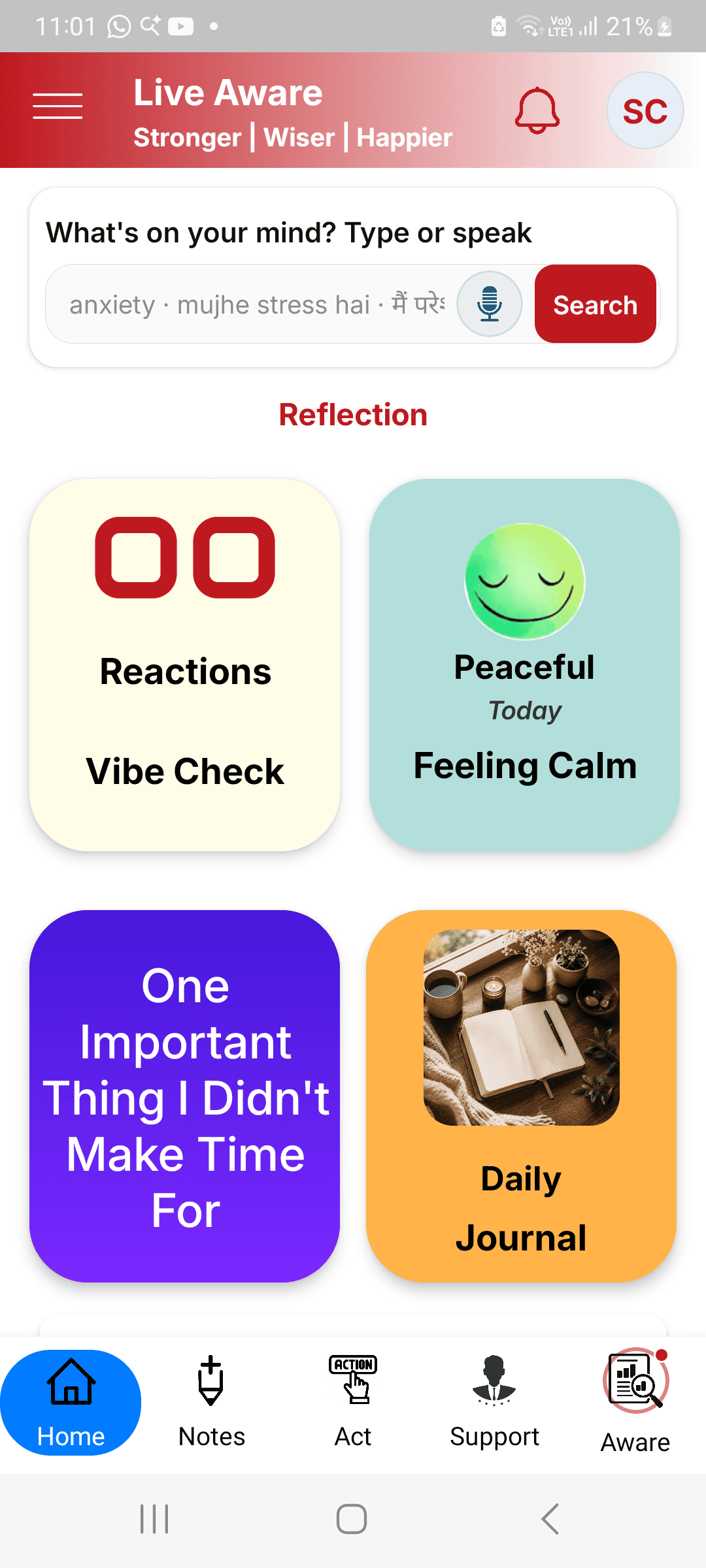 Home reflection and Vibe Check in the Live Aware app