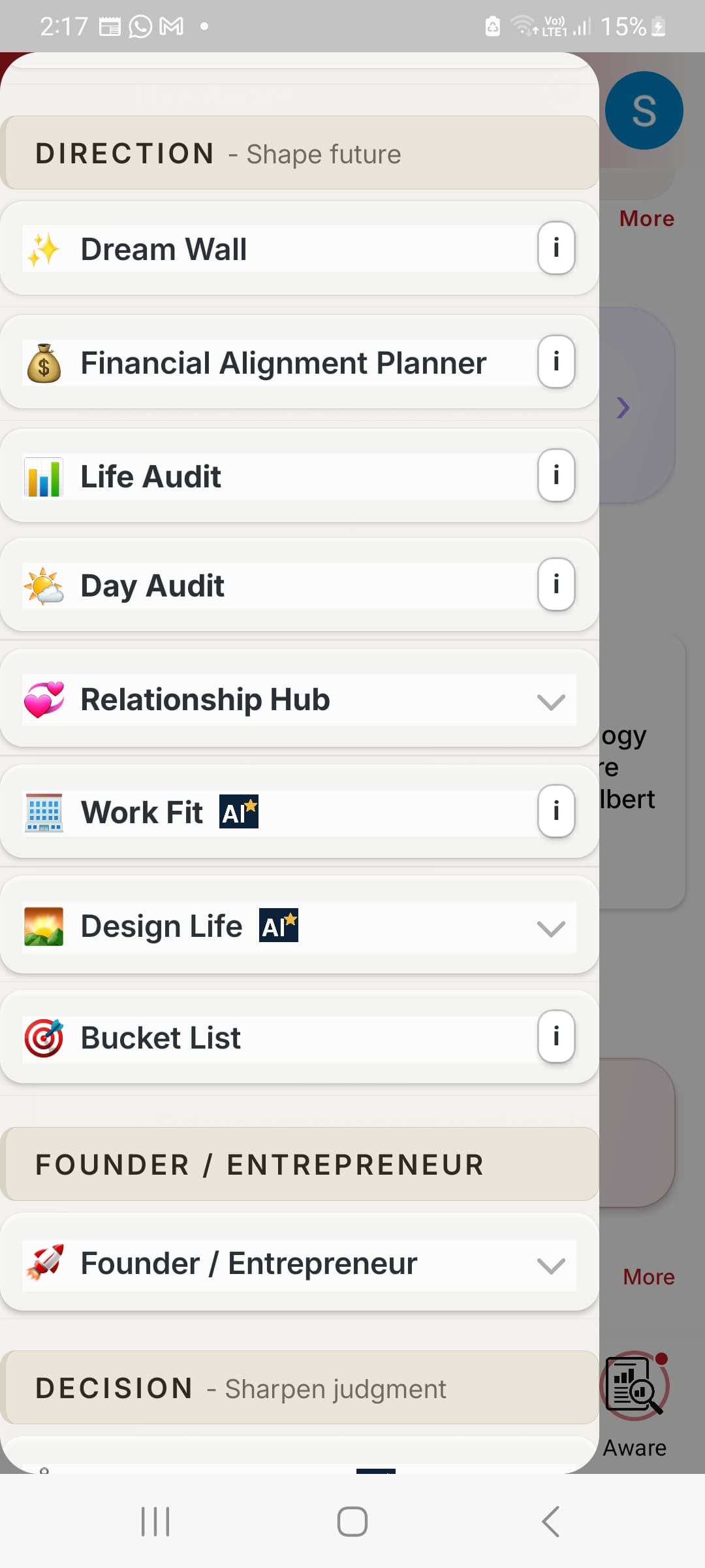 Direction menu in the Live Aware app
